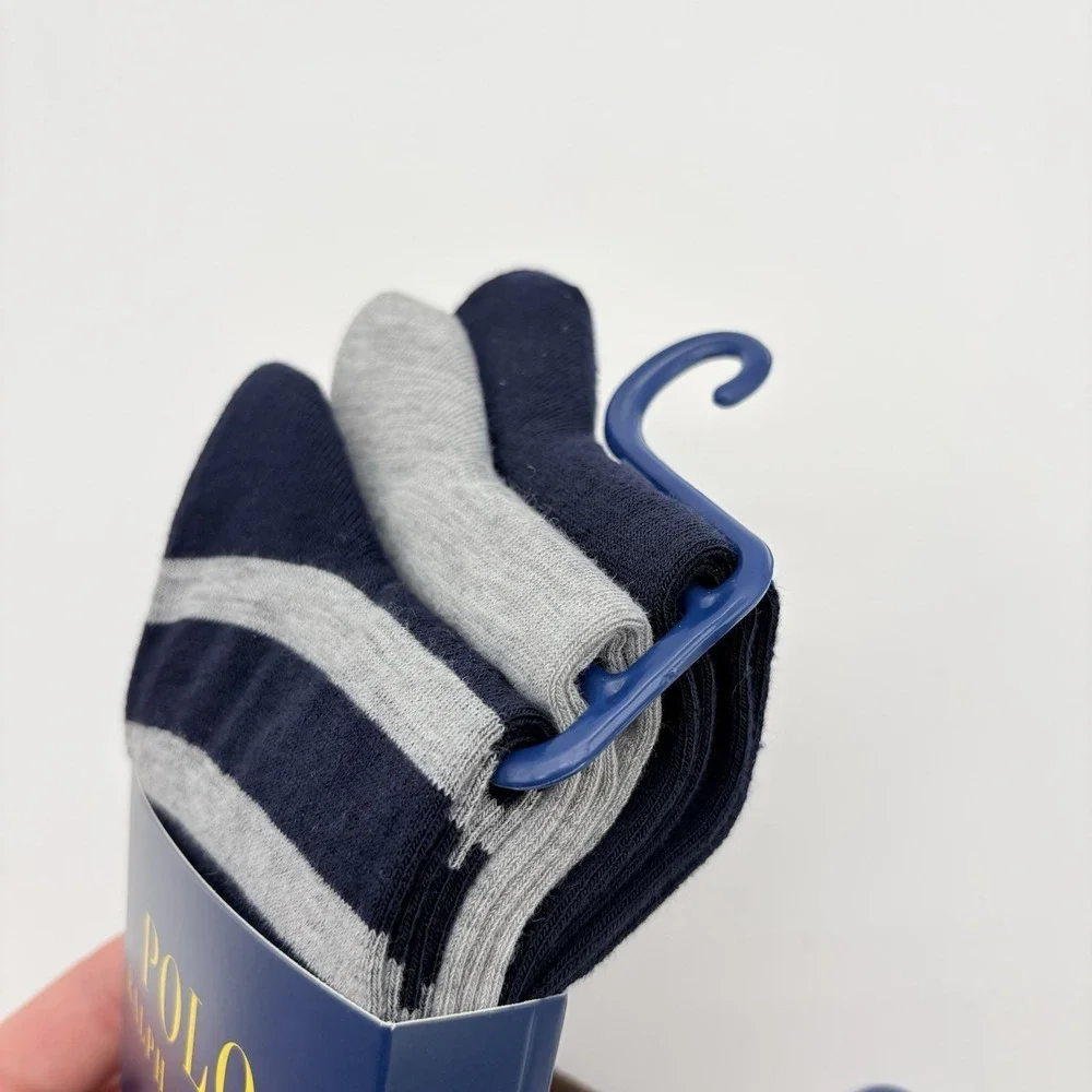 Polo Ralph Lauren Mens Casual Dress Socks 3 Pairs Navy Gray Striped 10-13 Crew